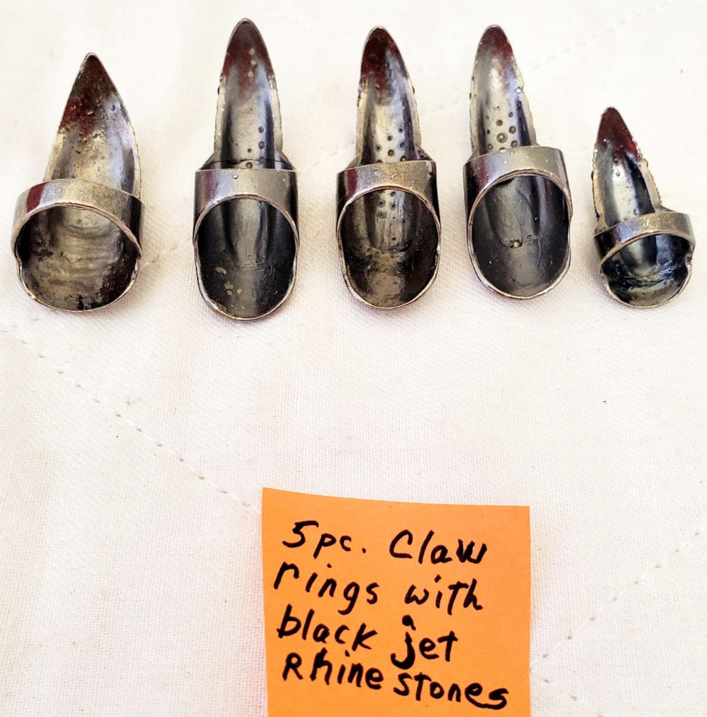 Set of 5 Claw Nail Rings with Jet Black Punk Crystal Rhinestone