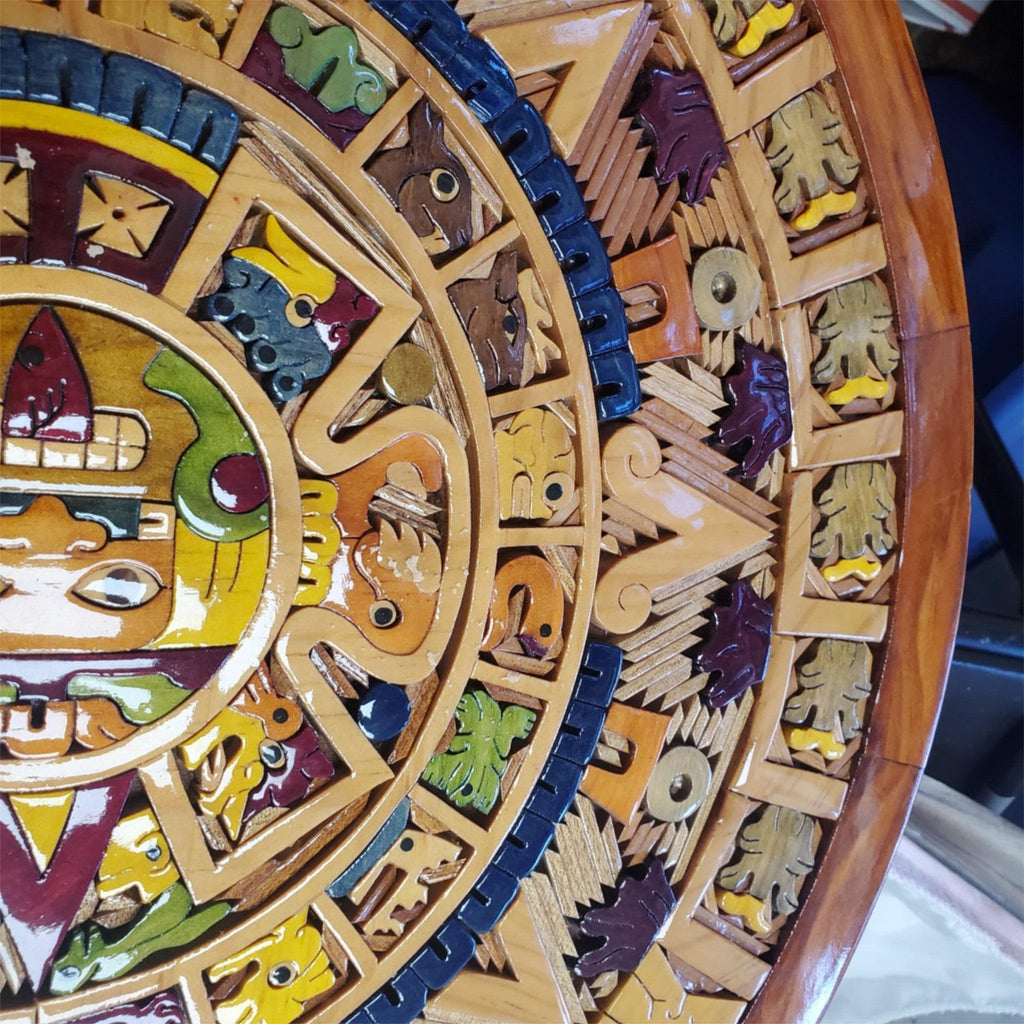 Beautiful Aztec Mayan Calendar Hand Carved Wooden Art