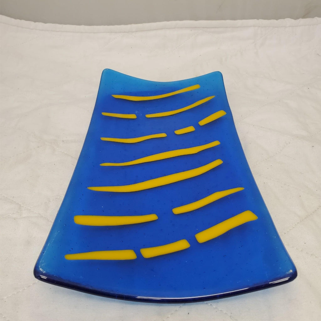 Fused Glass Trinket Platter with Blue & Yellow Striped