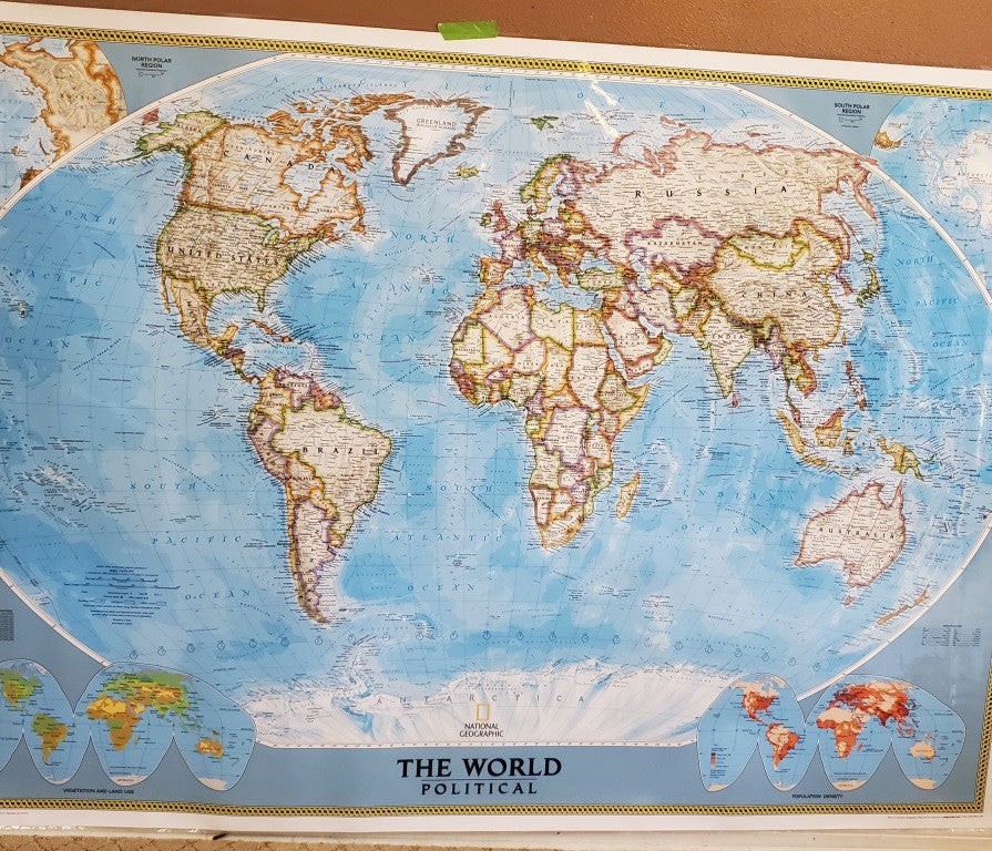 National Geographic Society THE WORLD MAP Physical Political 1994 43 x 30 inches