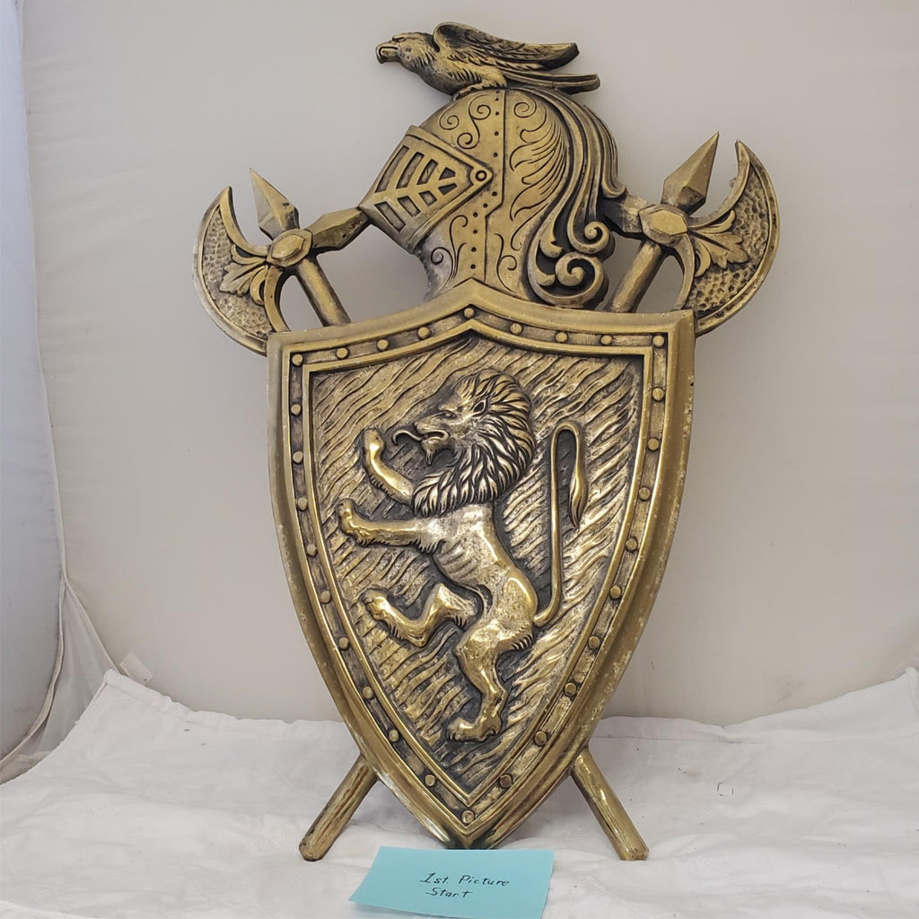 Vintage Brass Wall Plaque Knight Shield Coat of Arms Japan Lion & Battle Decor