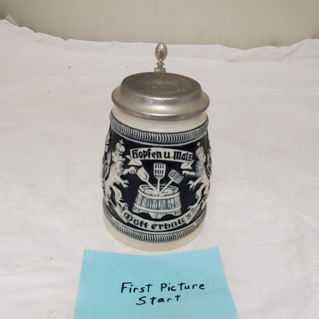 Handcrafted German Hopfen Und Malz Traditional Ceramic Beer Stein with Lid