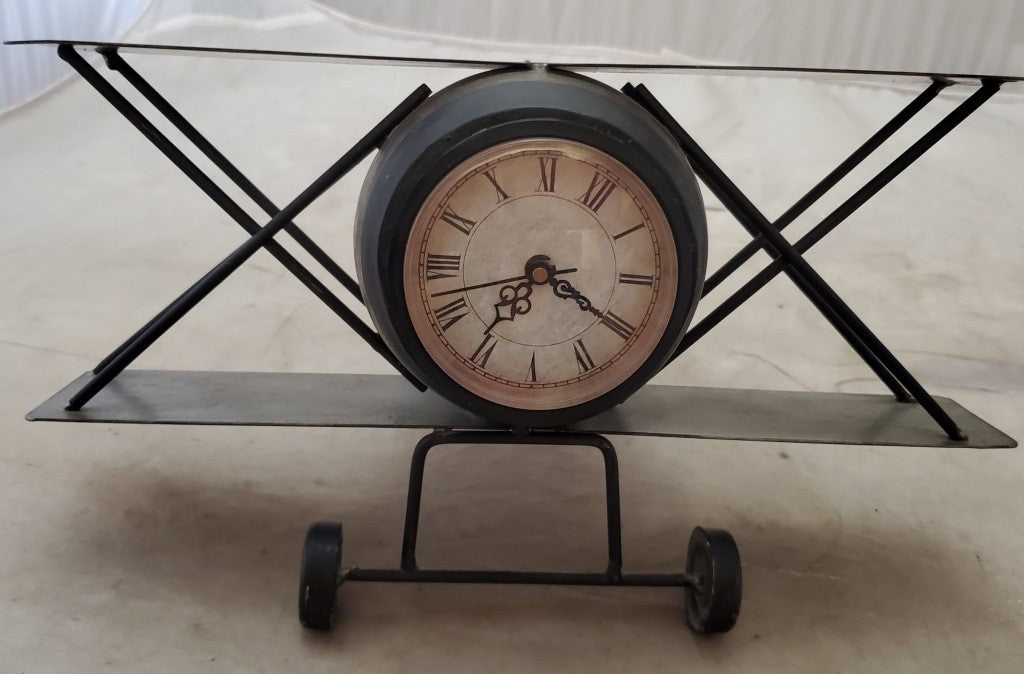 Antique Vintage Airplane-Biplane Metal Table Clock