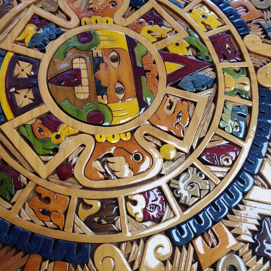 Beautiful Aztec Mayan Calendar Hand Carved Wooden Art