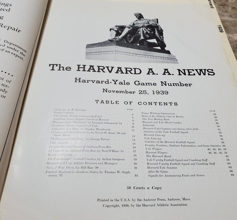 FOOTBALL Harvard AA News vs. Yale GAME Official Program November, 25 1939