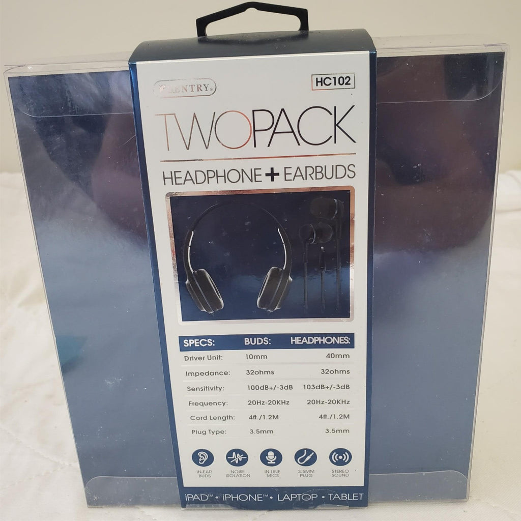 Sentry Blue Two Pack Headphone + Earbuds w/In-Line Microphones Stereo