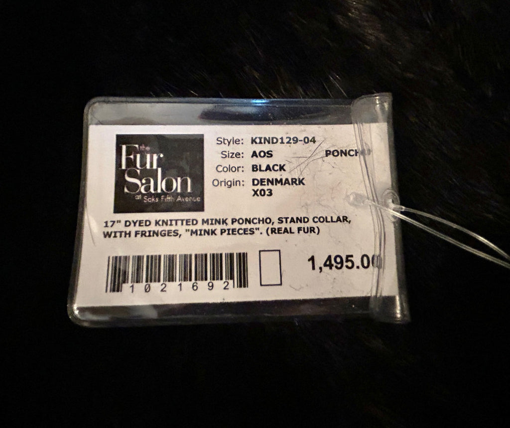 Saks Fifth Avenue MINK FUR Black Poncho Fringe One Size NWT Retail $1,495