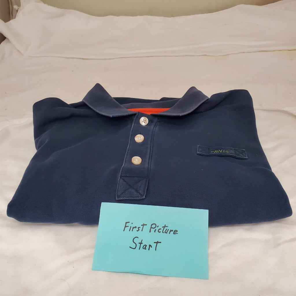 Orvis Men's Blue Short Sleeve Size L-T Polo Shirt with Orange Collar
