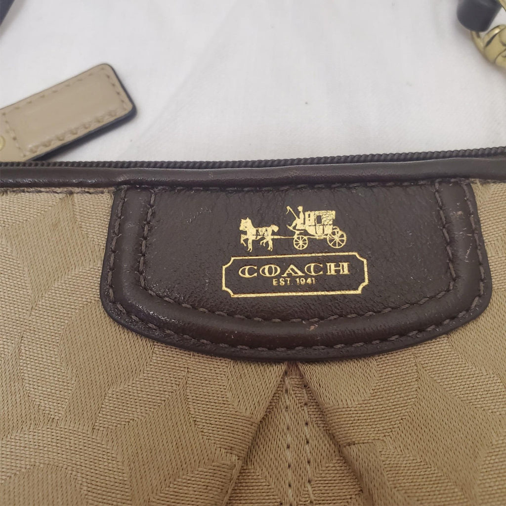 Vintage COACH Wristlet Khaki Brown Purse Leather Trim - Coach ID tag