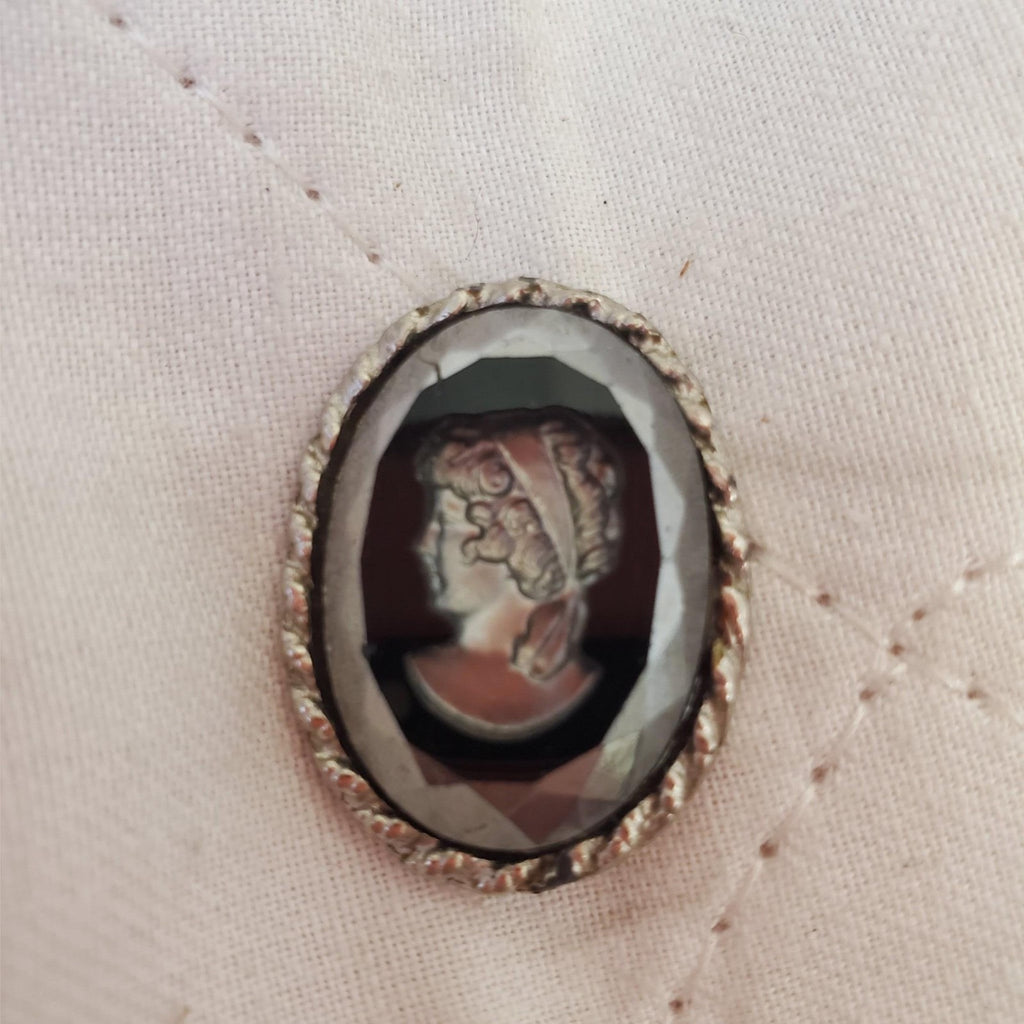 Vintage Silver and Glass Reverse Cut Brooch Oval Pin Victorian Lady Face