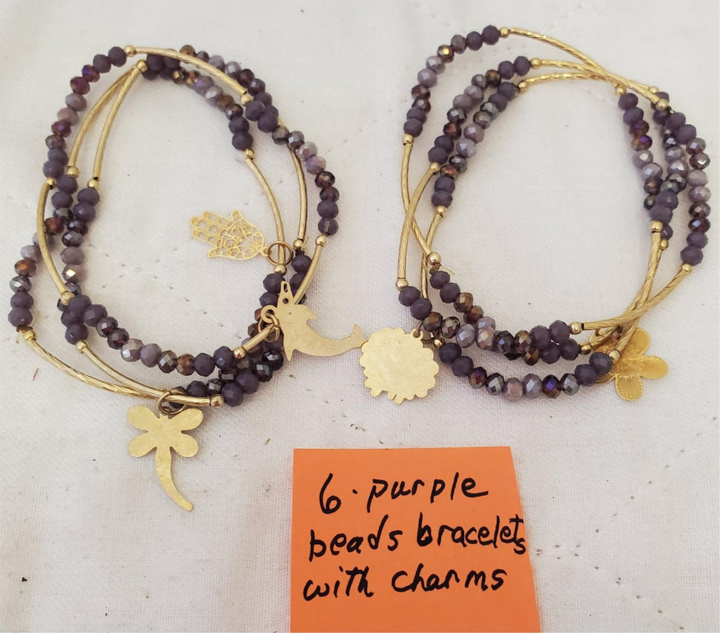 Lot of 6 Purple Beads Bracelet with Charms