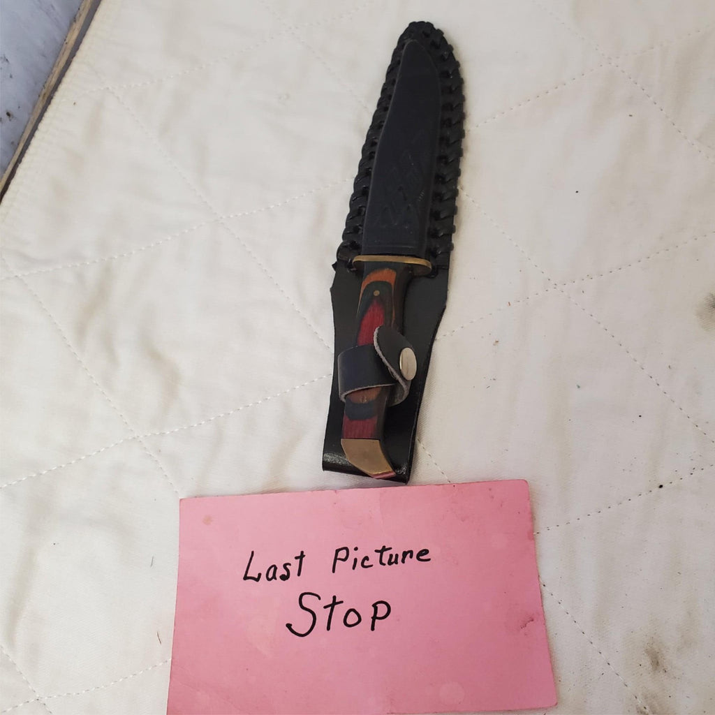 Fixed Hunting Knife Wood Layered Handle Leather Sheath
