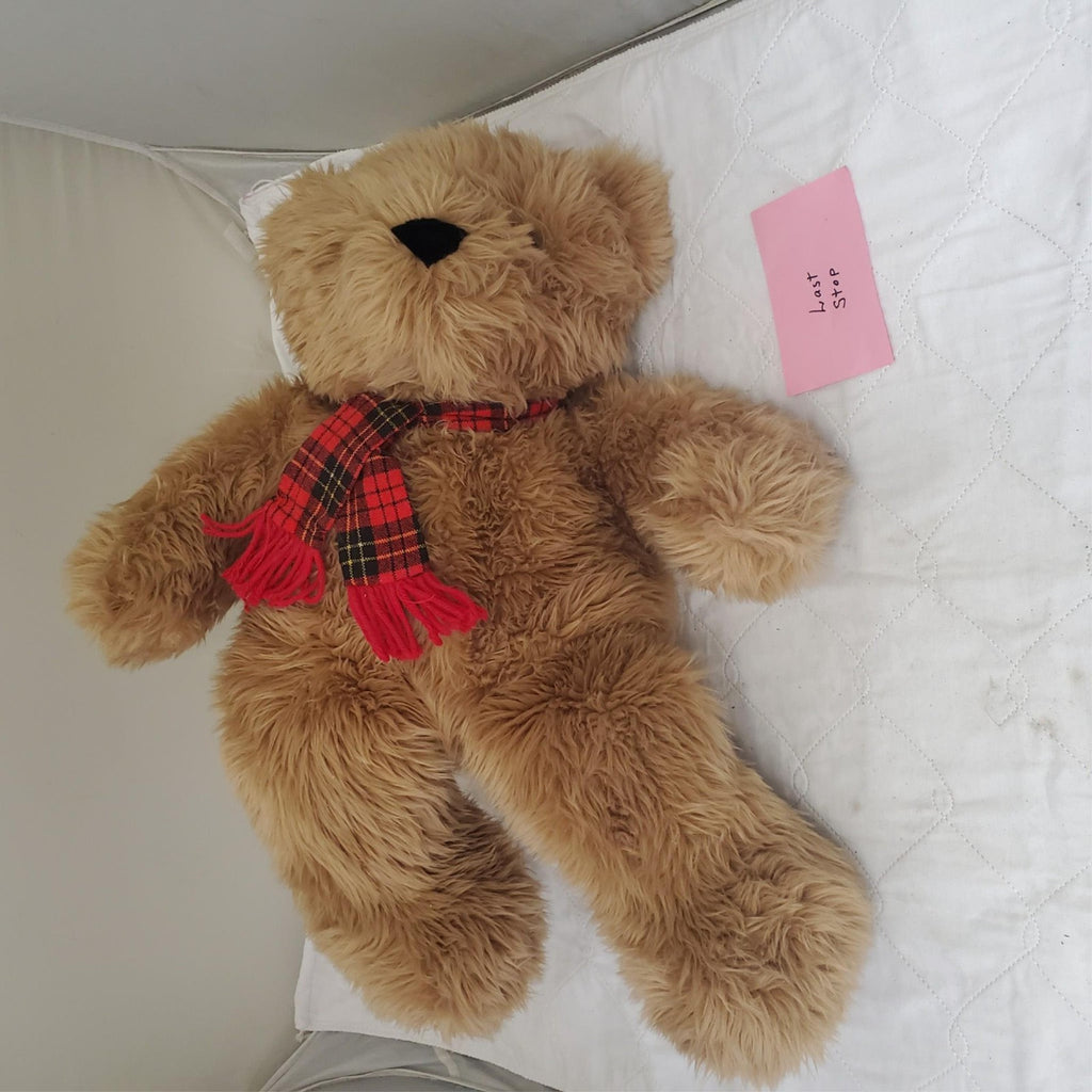 Medium Size Teddy Bear with Red Checked Bow Plush Stuffed Toy