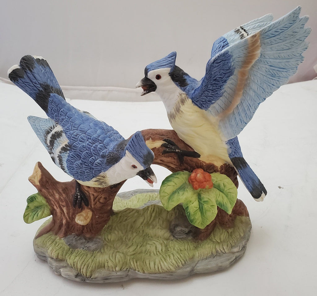 Wellington Collection Porcelain Bisque Pair of Blue Jays Figurine 7" X 8"