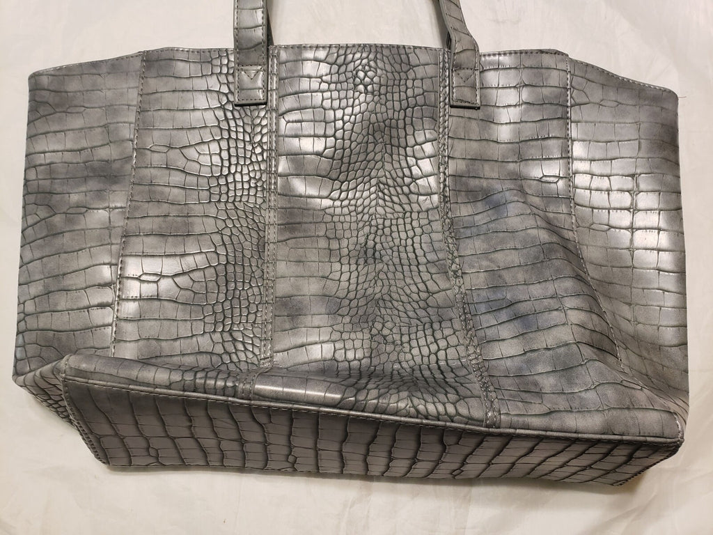 Neiman Marcus Pattern Faux Leather Shoulder Tote Snap Shopper Silver Women Bag