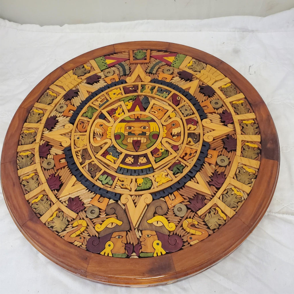 Beautiful Aztec Mayan Calendar Hand Carved Wooden Art