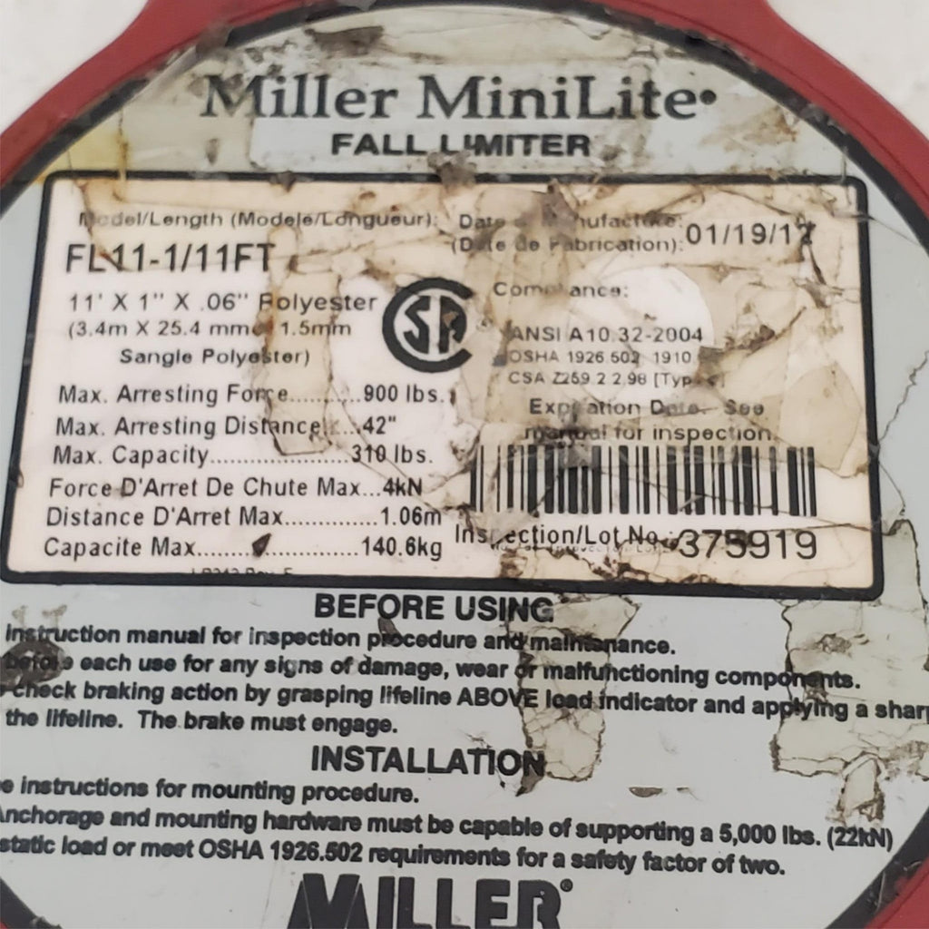 Miller MiniLite FL11-1/11ft Fall Limiter with Safety Harness LOT-793