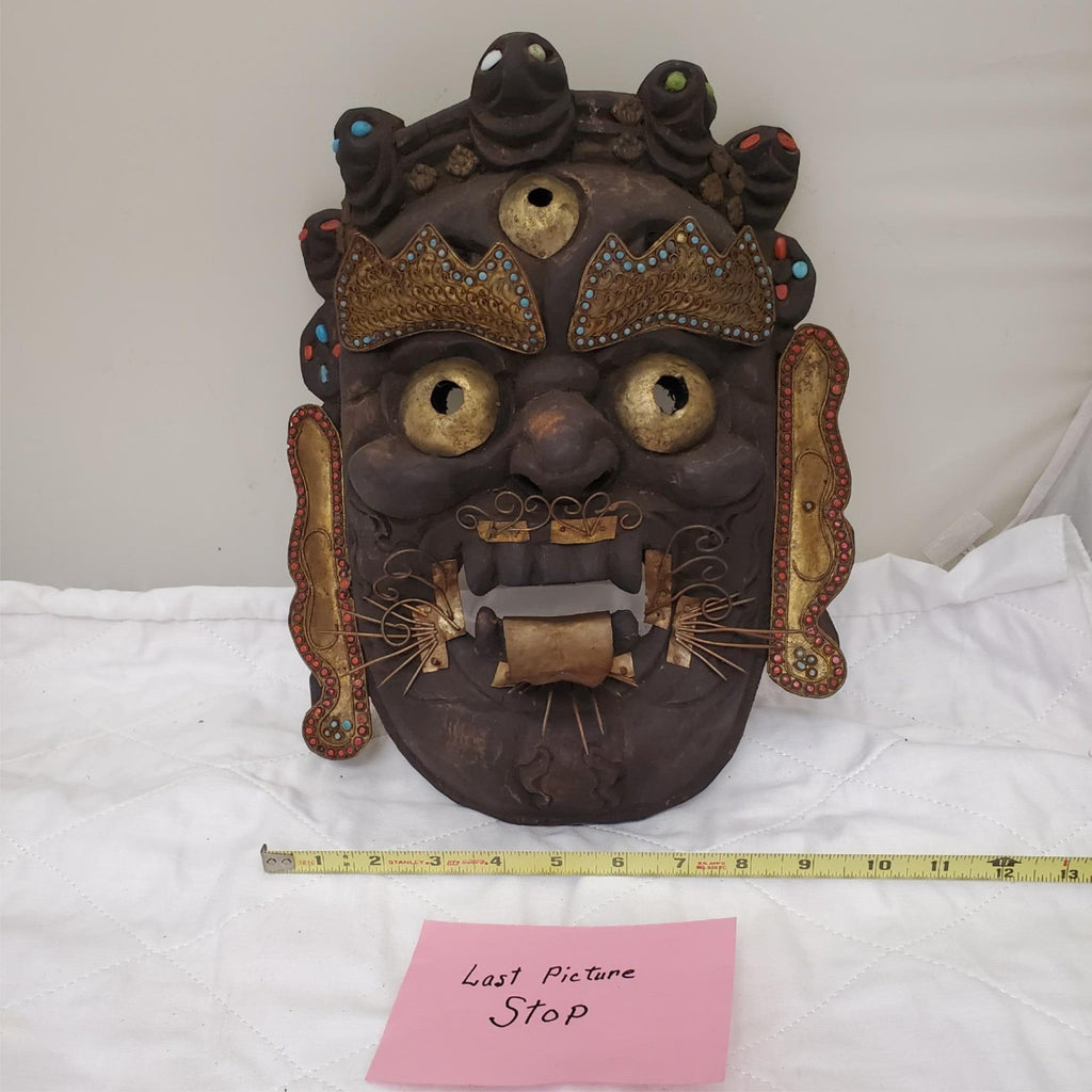 Tibetan Mahakala Mask Hand Carved Wood Protective Deity Wall Hanging