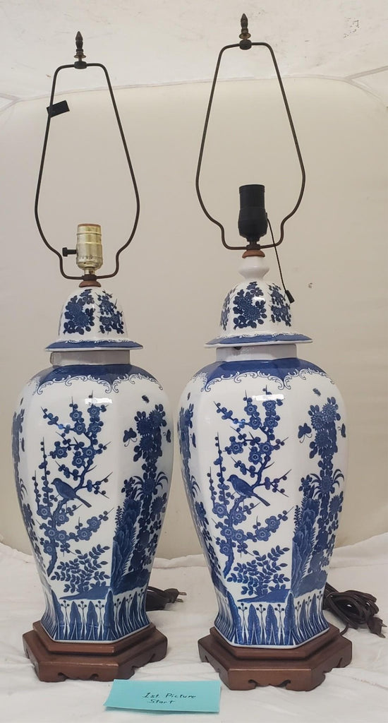 Lot of 2 Vintage Chinese Blue & White Jar Table Lamp