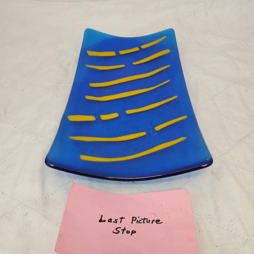 Fused Glass Trinket Platter with Blue & Yellow Striped