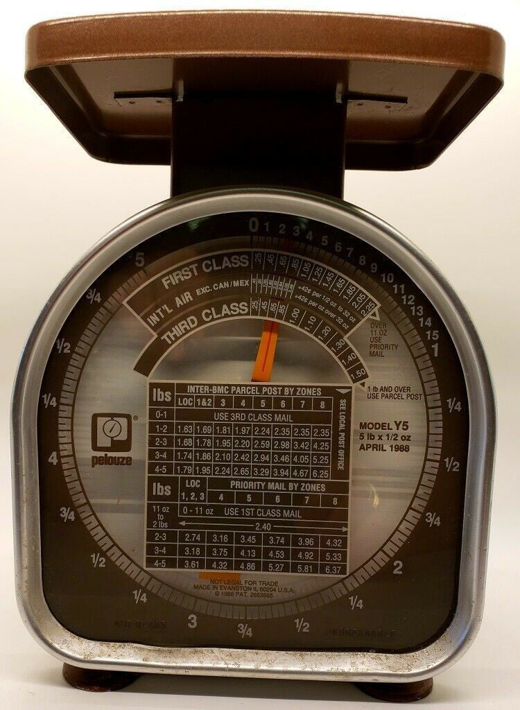 Vintage 1988 PELOUZE 5 lb Postal Scale MODEL Y5 Gunmetal Grey Analog Scale