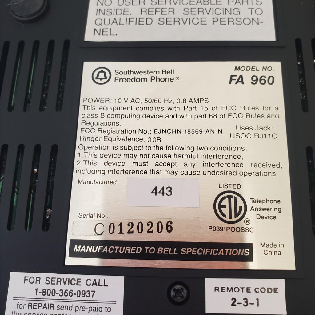 Southwestern Bell Freedom Phone Telephone Answering Machine FA 960