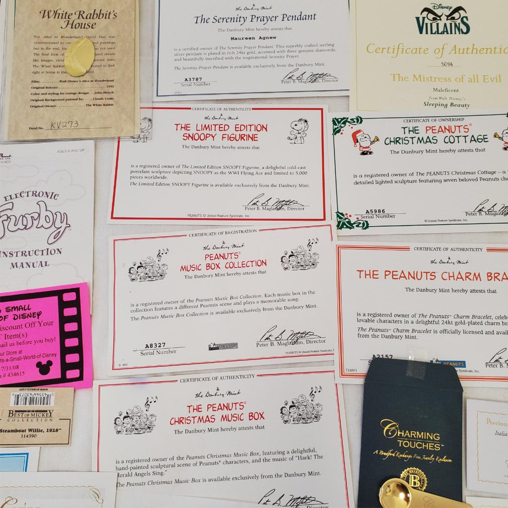 Large Lot of Disney Peanuts Certificate of Authenticity COA Paperwork