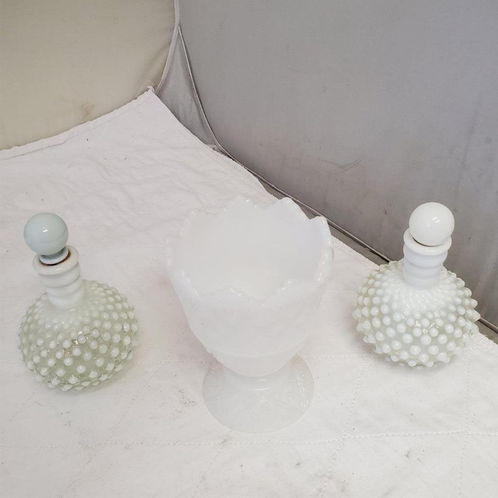 Vintage Fenton White Glass Hobnail Perfume Bottles with Sealing Caps