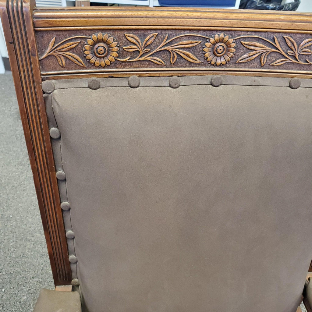 Antique Ornately Carved Wood Framed Fabric Victorian Throne Armchair
