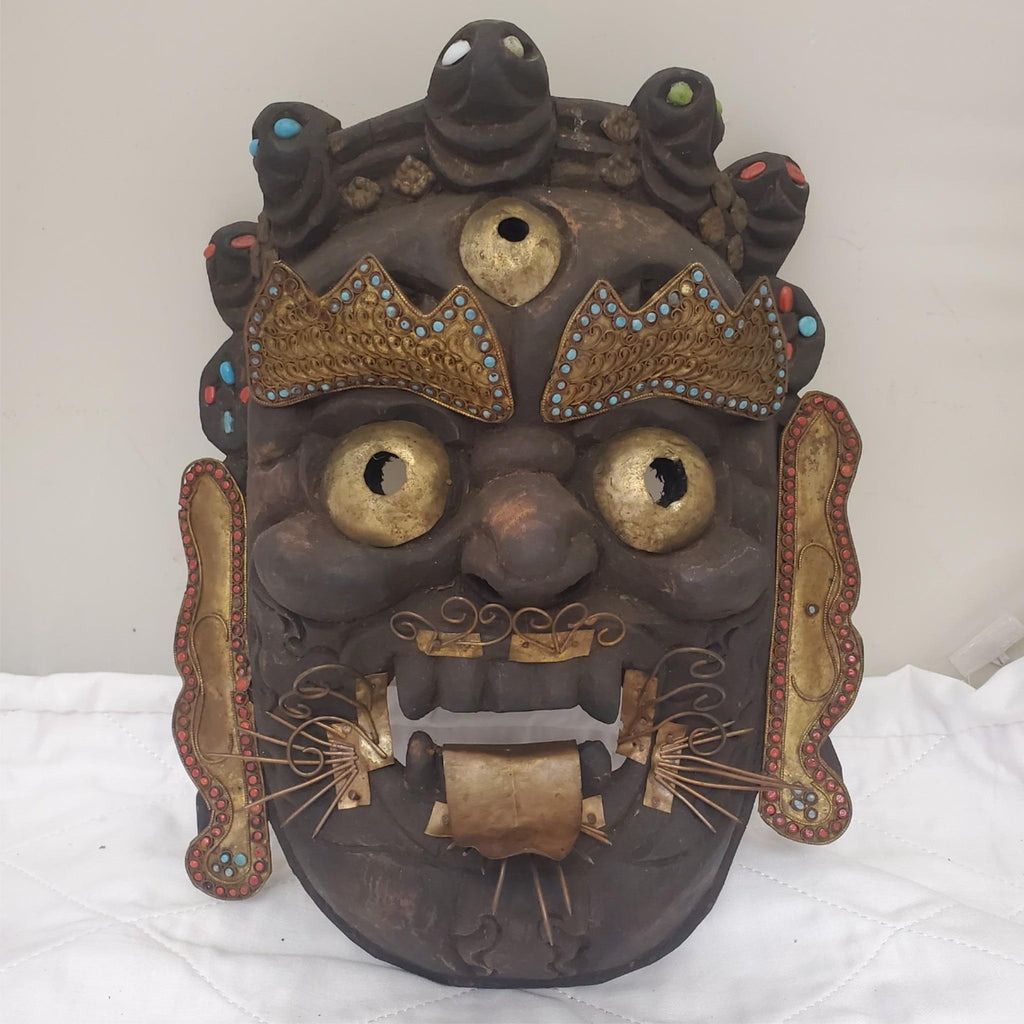 Tibetan Mahakala Mask Hand Carved Wood Protective Deity Wall Hanging