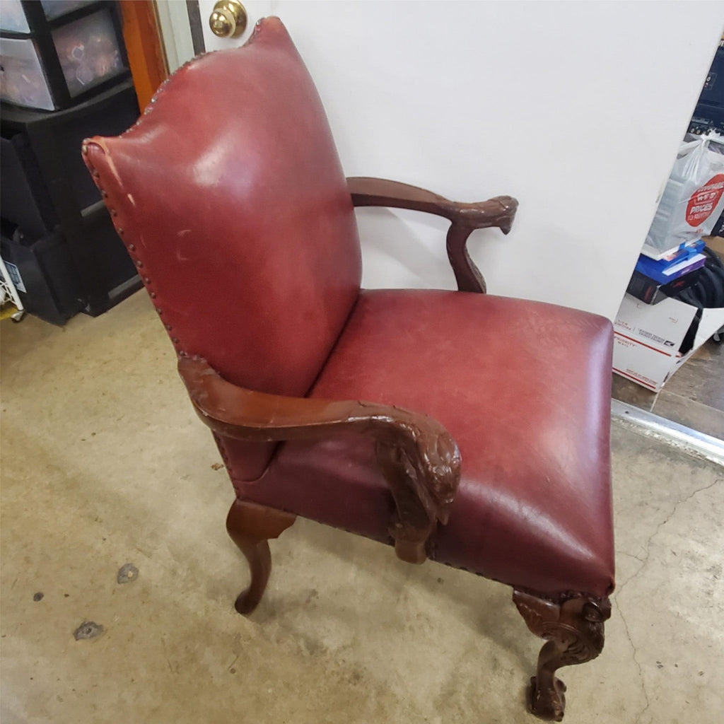 Antique Vintage Red Leather and Carved Owl Wood Armchair Law Office Chair