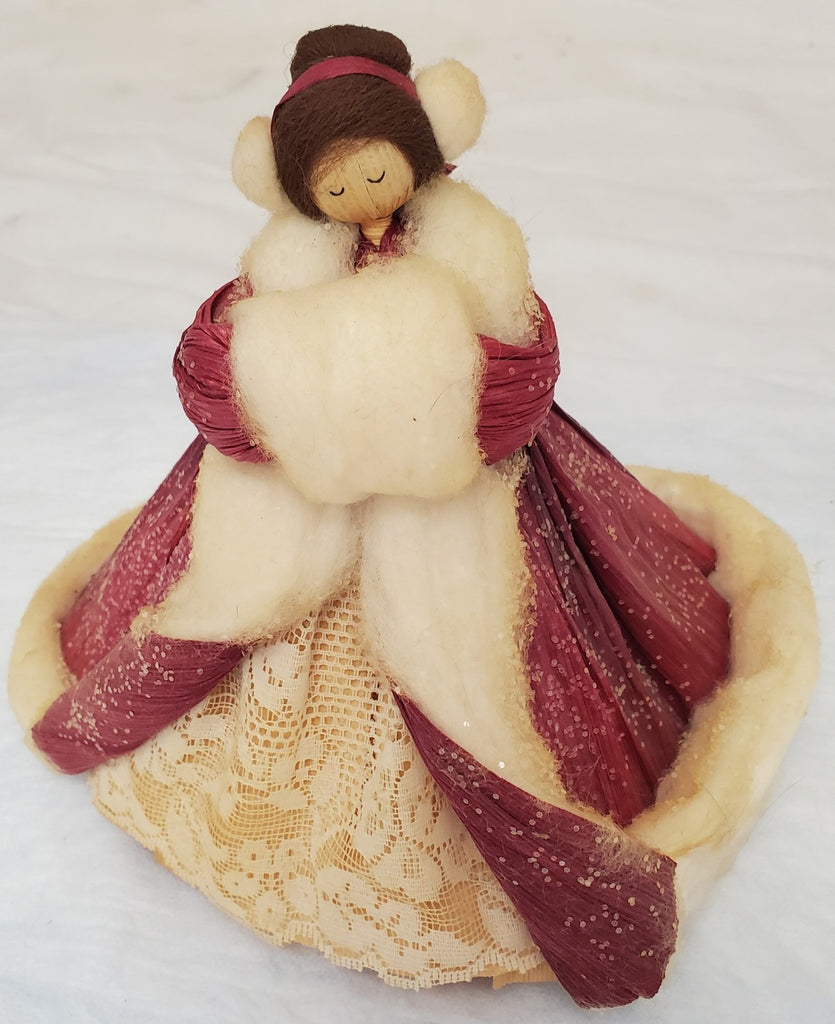 Vintage Handmade Red Velvet Doll w/ Lace & Fur Trim Coat Collector Figurine