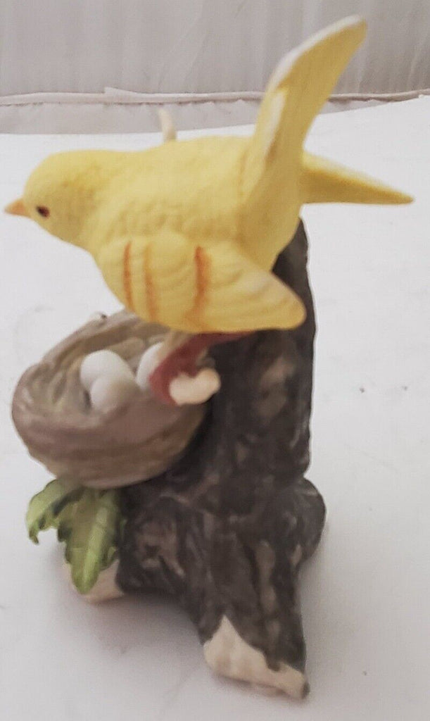Ceramic Bird Figurine on Branch Tree Green Leaves Nest and Eggs White