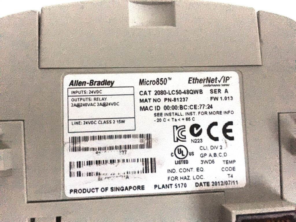 Allen-Bradley Micro850 2080-LC50-48QWB Ser A Ethernet PLC