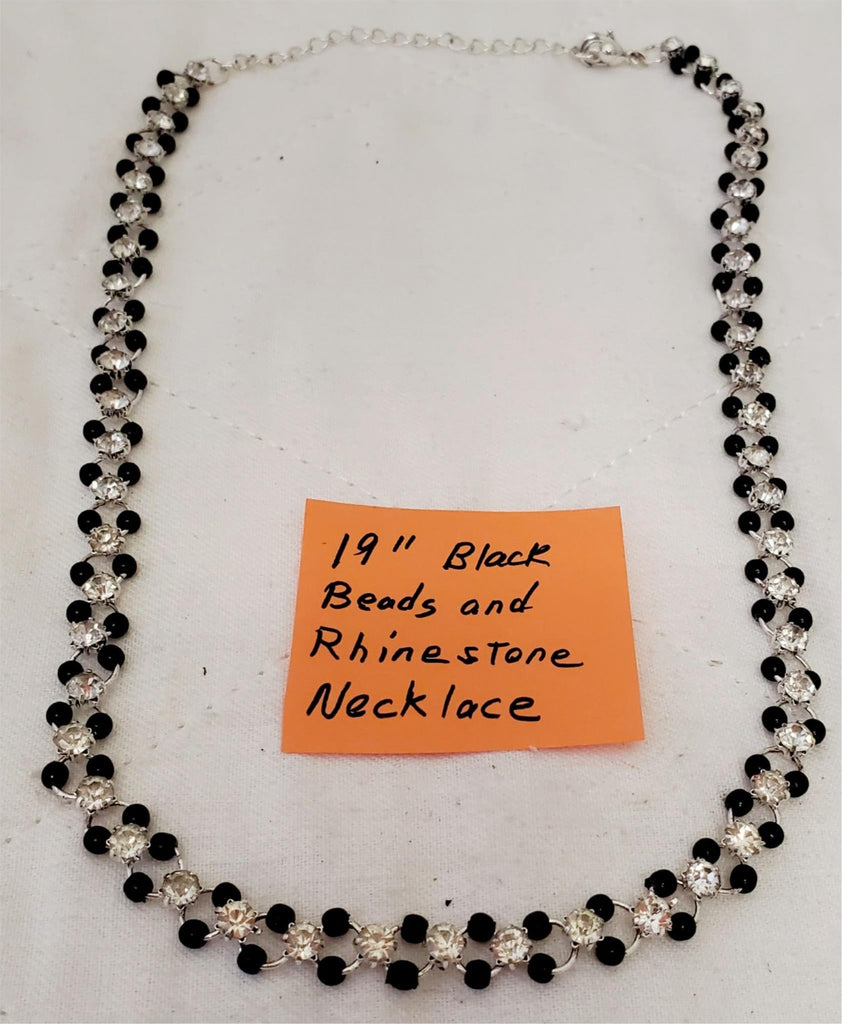 19" Black Beads and Rhinestone Link Chain Necklace