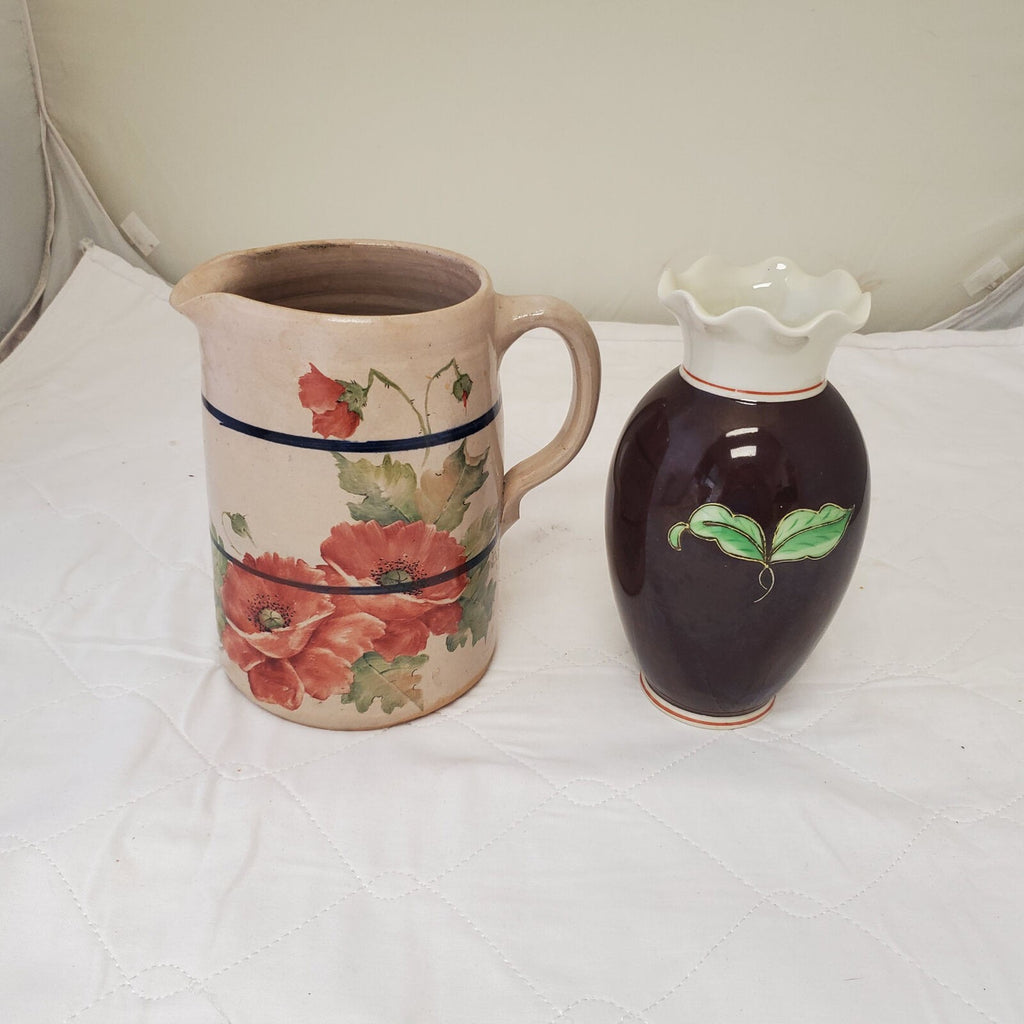 Vintage Japan Pitcher Cherry Blossom and Vase Hand Painted Porcelain