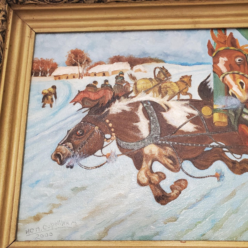 Vintage Winter Horse Sleigh Painting in Ornate Gold Frame