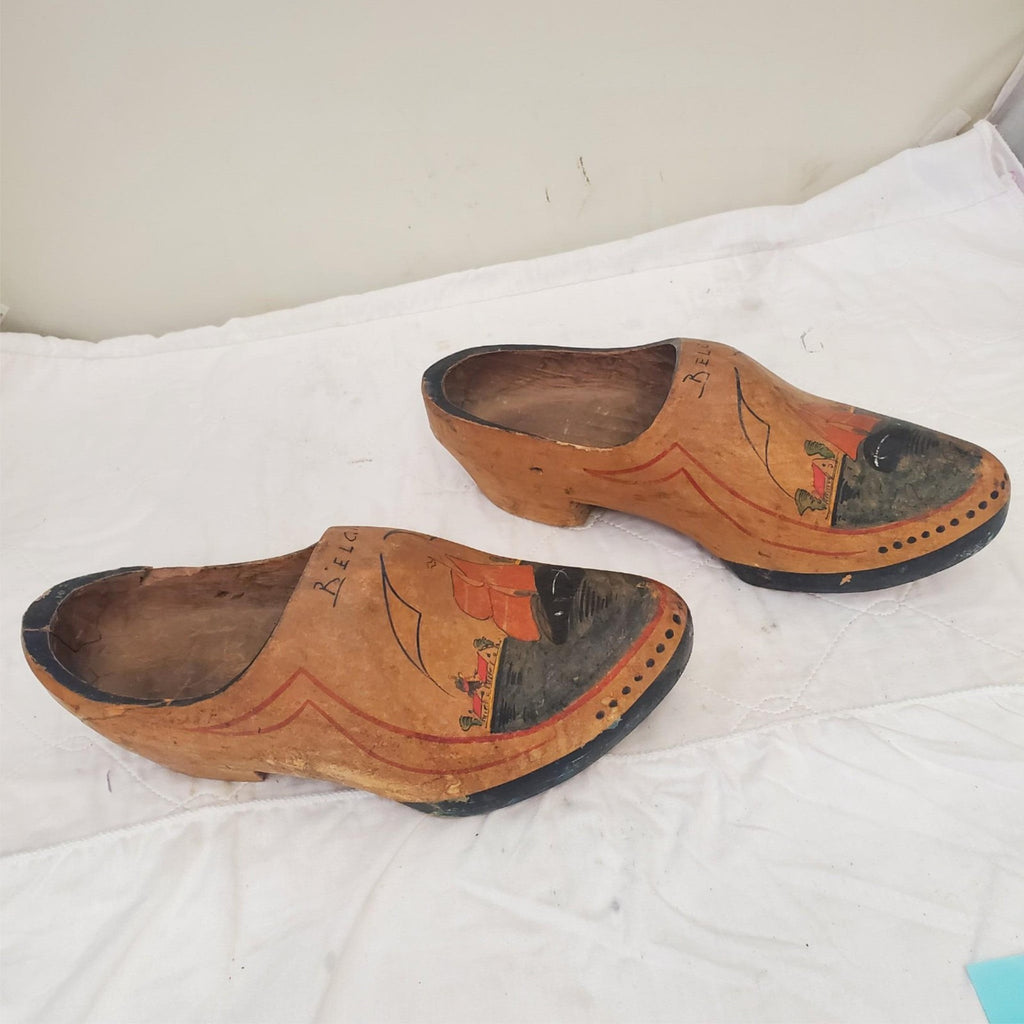 2 Antique Hand Painted Wooden Clogs Shoes Souvenir Antwerp Primitive Rustic 
