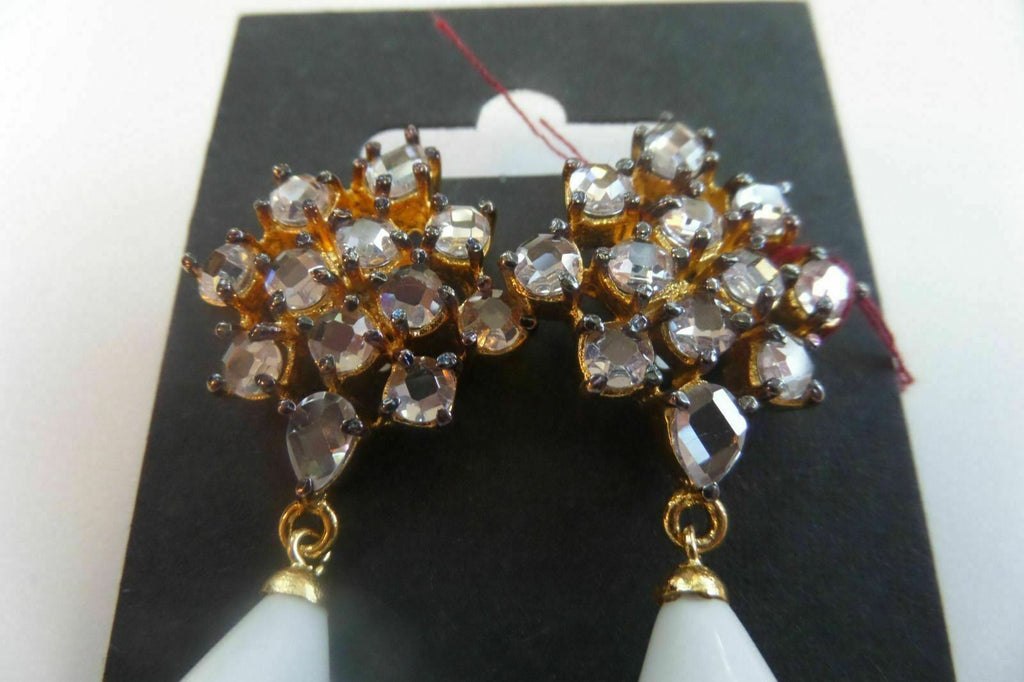 Solid White & Smoky Sparkle Gem Teardrop Gold Tone Earrings