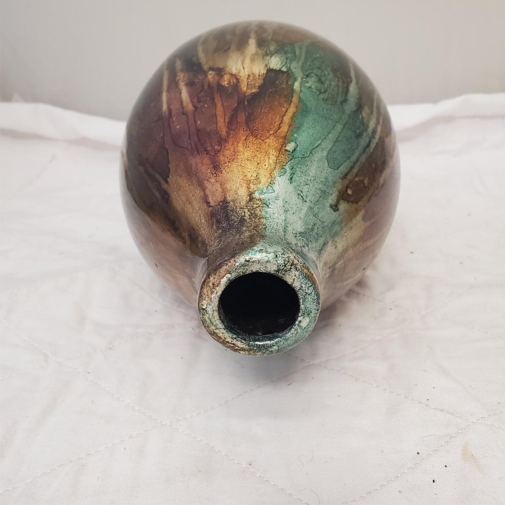 13" Turquoise Foiled & Lacquered Ceramic Vase Copper & Bronze