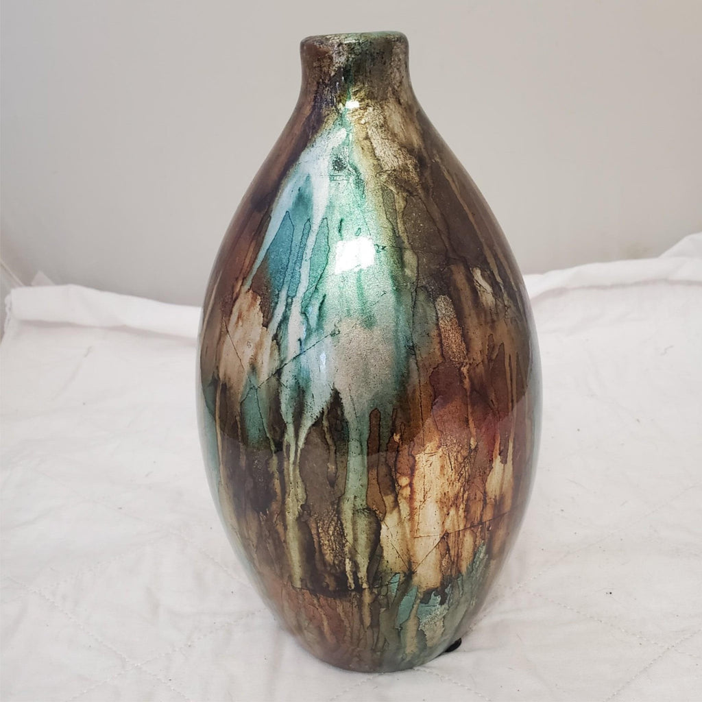 13" Turquoise Foiled & Lacquered Ceramic Vase Copper & Bronze