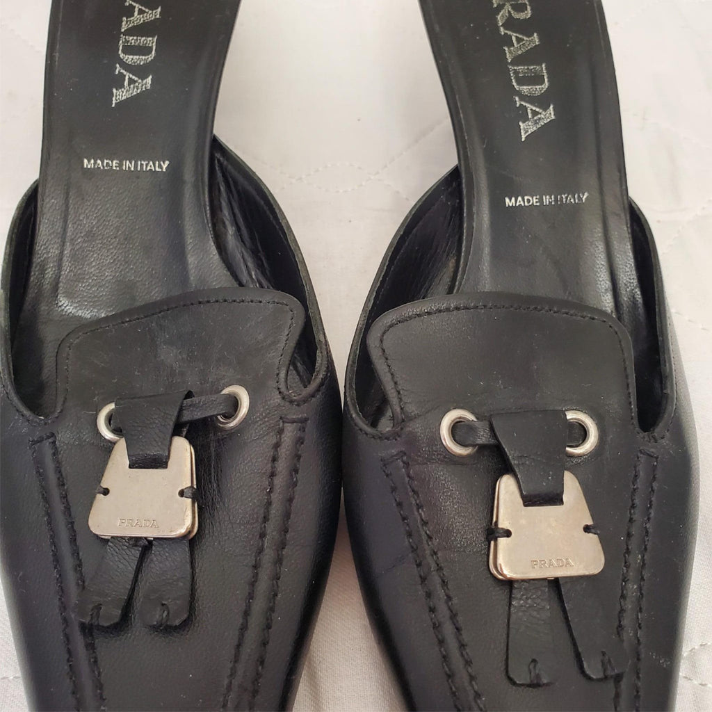 Prada 2000's Black Kitten Mule Heels with Silver Keychain Toe Strap