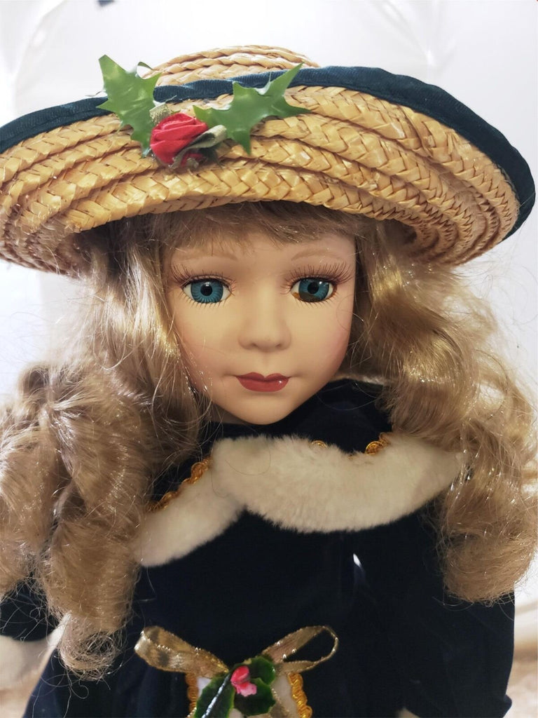 Vintage Original Christmas Porcelain Girl Fashion Doll Blue/White Dress