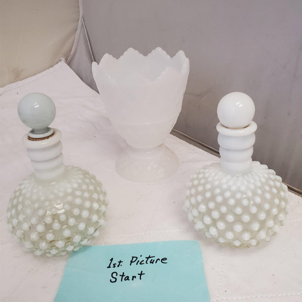 Vintage Fenton White Glass Hobnail Perfume Bottles with Sealing Caps