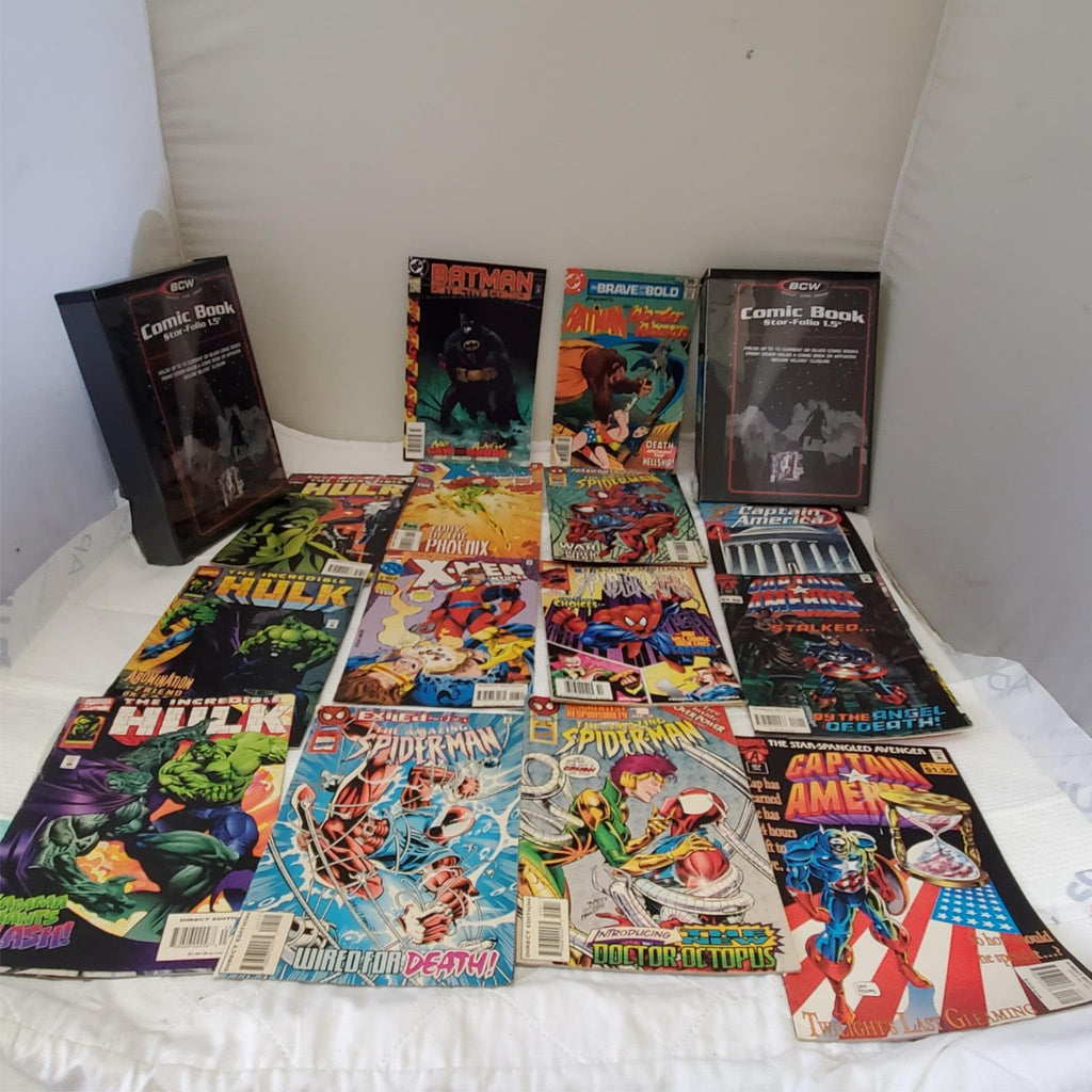 Lot of Spider-Man, X-Men, Batman & other Comic Books With Book Holder