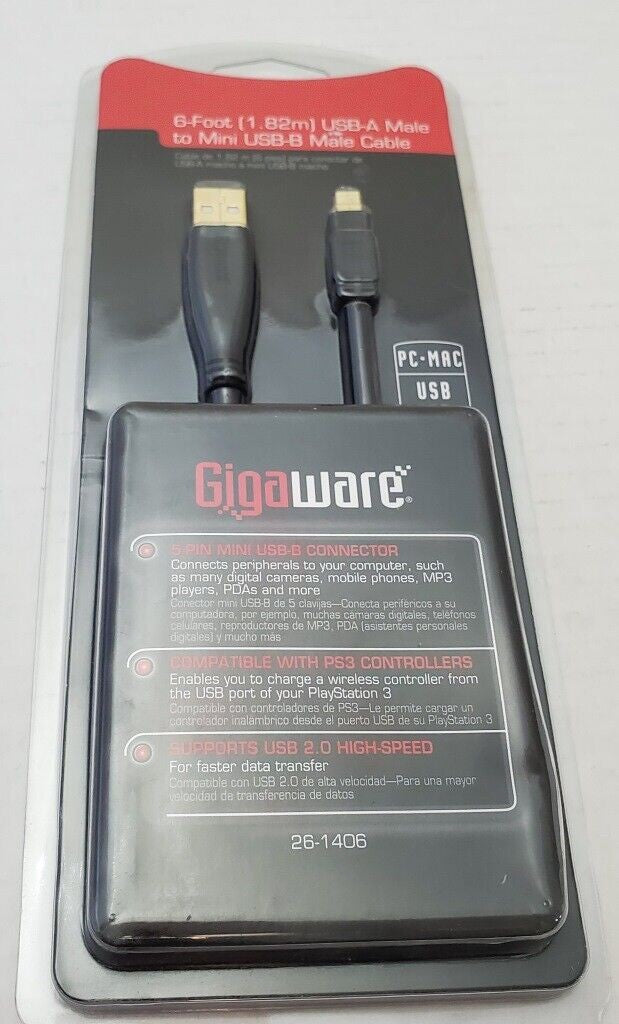 New Gigaware 6-Foot USB-A Male To Mini USB-B Male Gold Cable