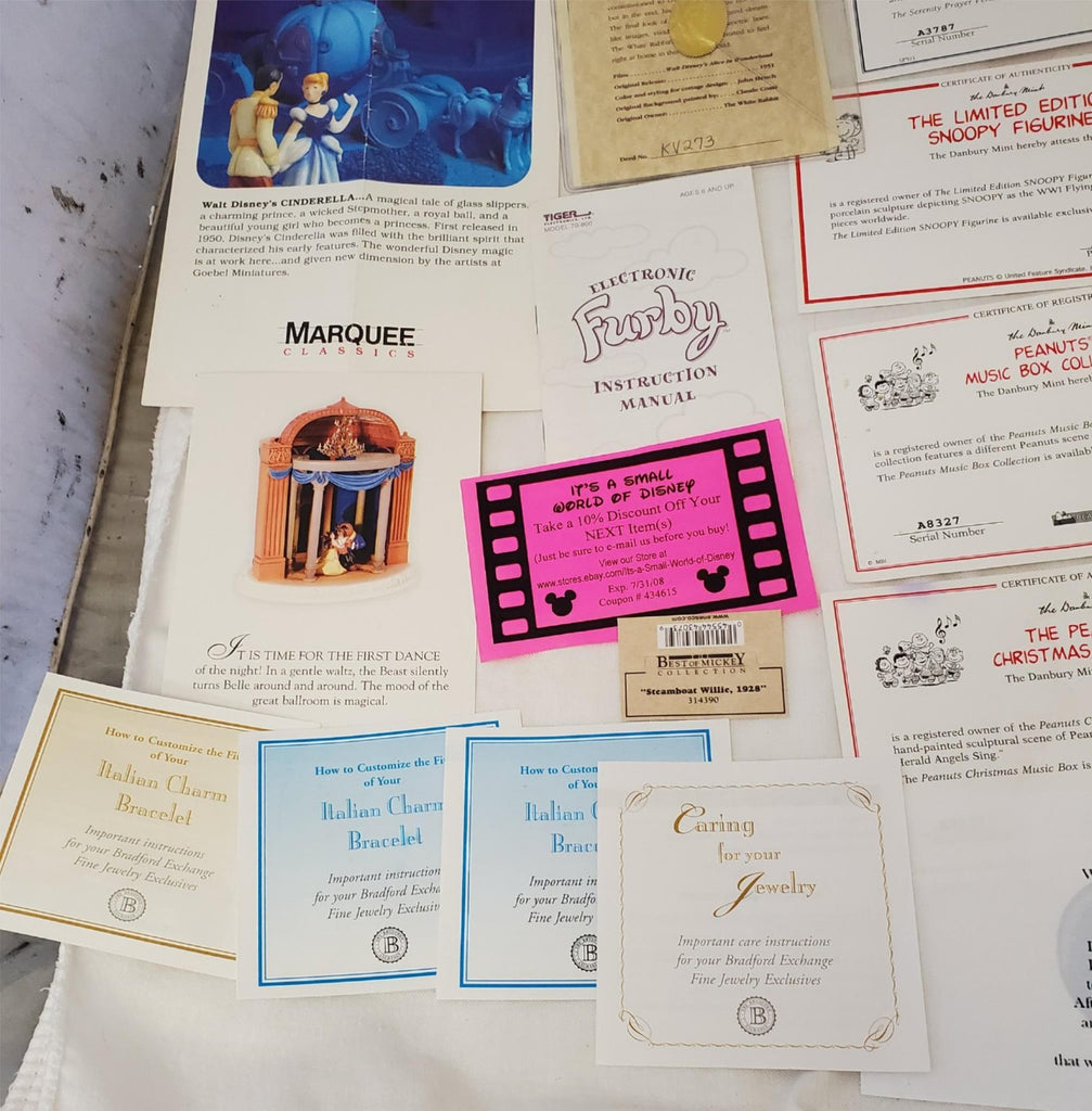 Large Lot of Disney Peanuts Certificate of Authenticity COA Paperwork