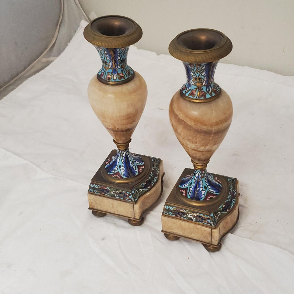 Antique French Champleve Enamel Brass Candle Holders Pair Ornate 6 1/8" Tall