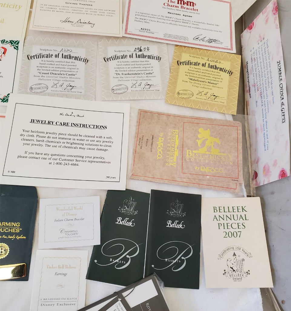 Large Lot of Disney Peanuts Certificate of Authenticity COA Paperwork