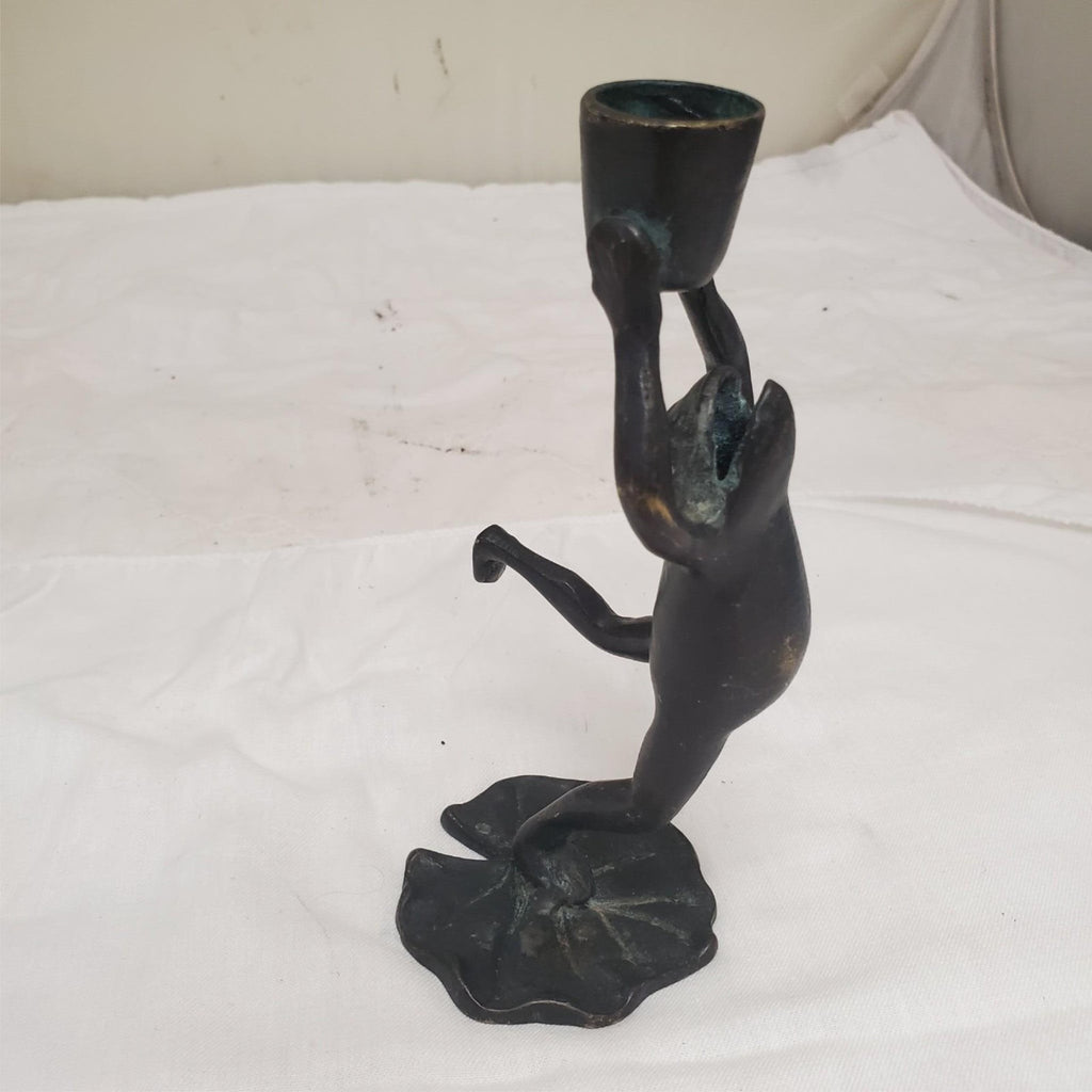 Vintage SPI Home Bronze Open Mouth Dancing Frog Candle Holder On LilyPad
